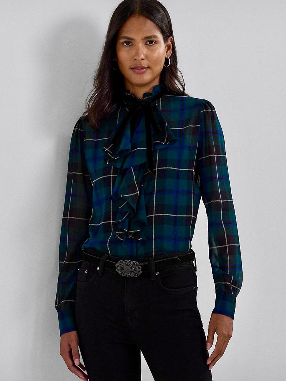 Lauren Ralph Lauren Women’s Plaid Ruffle Trim Georgette Blouse Size XS